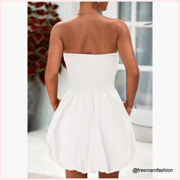 Strapless Mini Bubble Dress Smocked Back A-Line Sundress Summer Casual - Picture 2 of 7